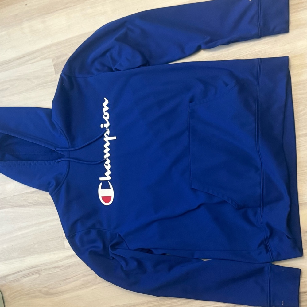 Champion Blue Hoodie with White Script Tag